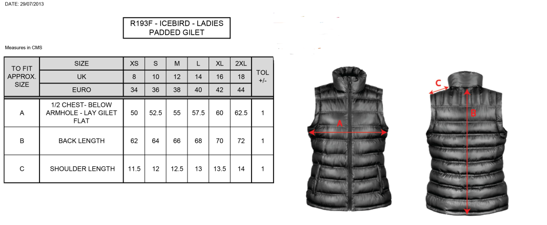 Staff Uniform - Padded Gilet - Navy/Amber - Women's Fit - Size Guide