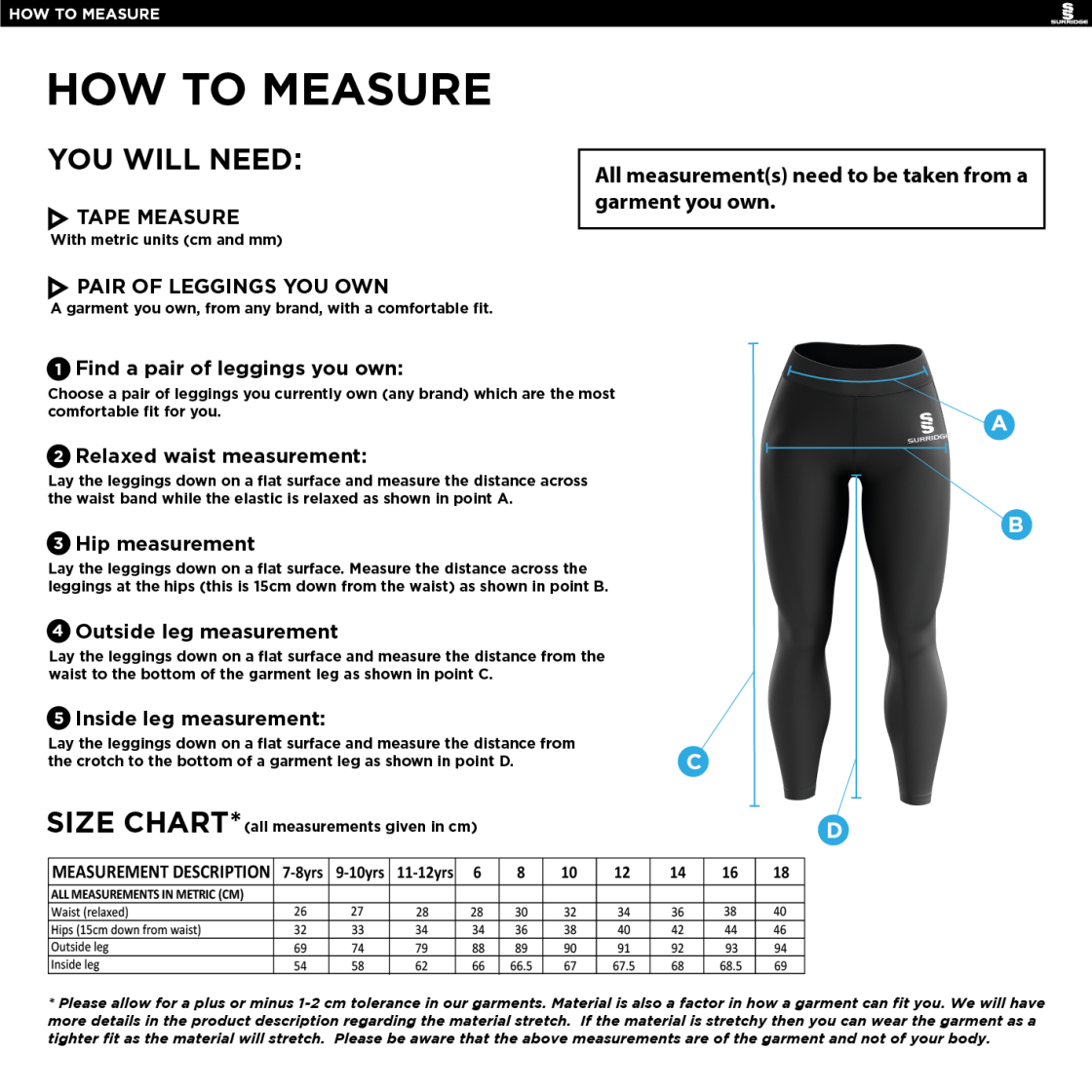 Staff Uniform - Performance Full Length Leggings - Navy/Amber - Women's Fit - Size Guide