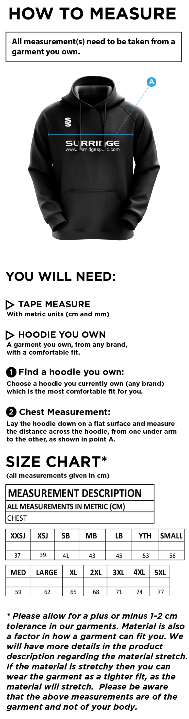 Barton Court Grammar School - GCSE Sport Science -  Fuse Hoody - Size Guide