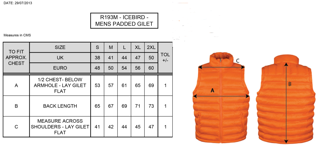 Staff Uniform - Padded Gilet - Navy/Amber - Men's Fit - Size Guide